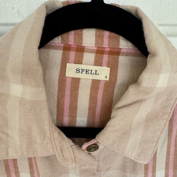 Spell & the Gypsy Basecamp Flannel button up in Musk small cozy plaid cotton - Picture 6 of 8